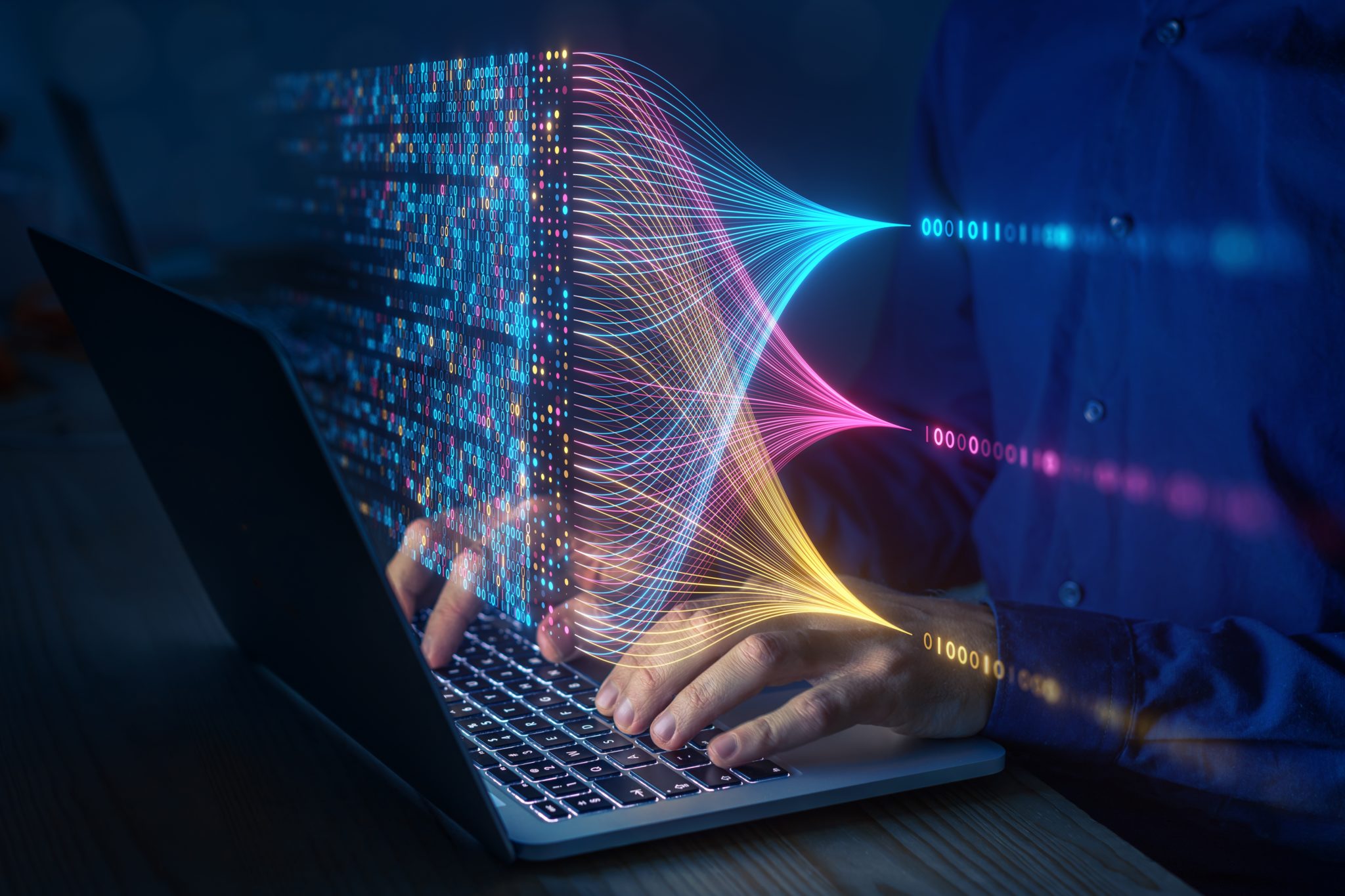 Illustration personne utilisant un ordinateur avec des flux de données colorés